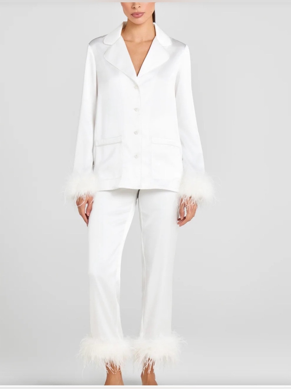 NADINE MERABI White Feather-Trim Straight Leg Pants pajamas